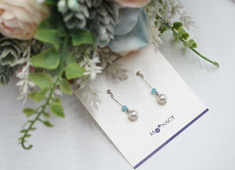 施华洛世奇水晶珍珠  垂挂耳环  耳夹(海蓝 玻璃珠) - 耳环/耳夹 - 珍珠 蓝色