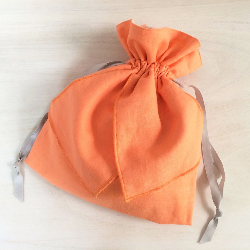 コットンリネン リボン巾着 オレンジ - 化妆包/杂物包 - 棉．麻 橘色