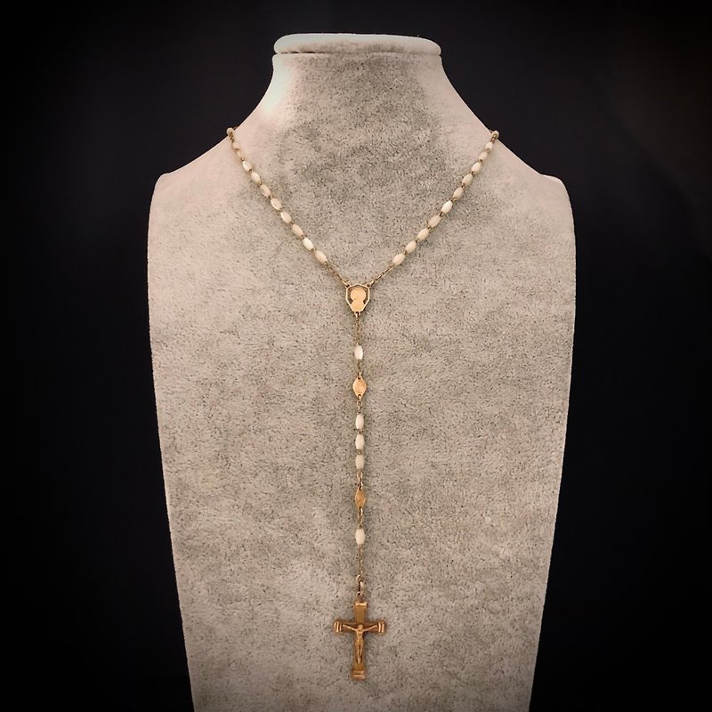 法国天主教珍珠母贝串珠-铜镀金十字架古董玫瑰经念珠-1 - 长链 - 贝壳 咖啡色