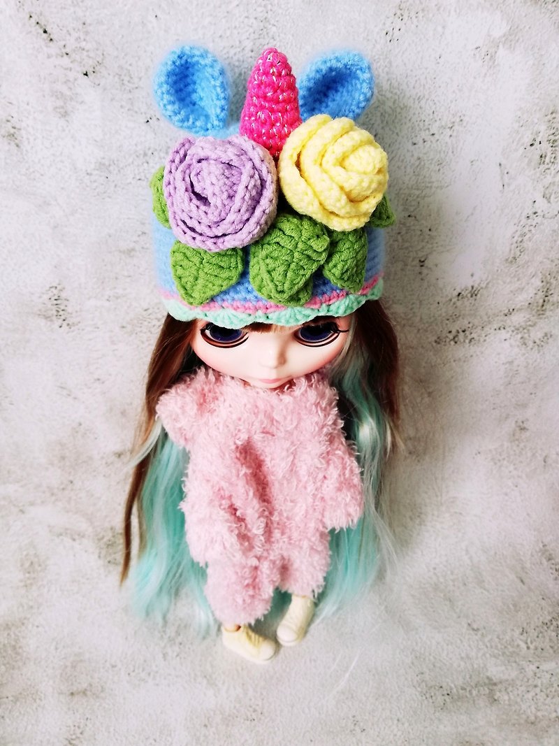 Blythe hat crochet blue Unicorn - 玩偶/公仔 - 棉．麻 蓝色