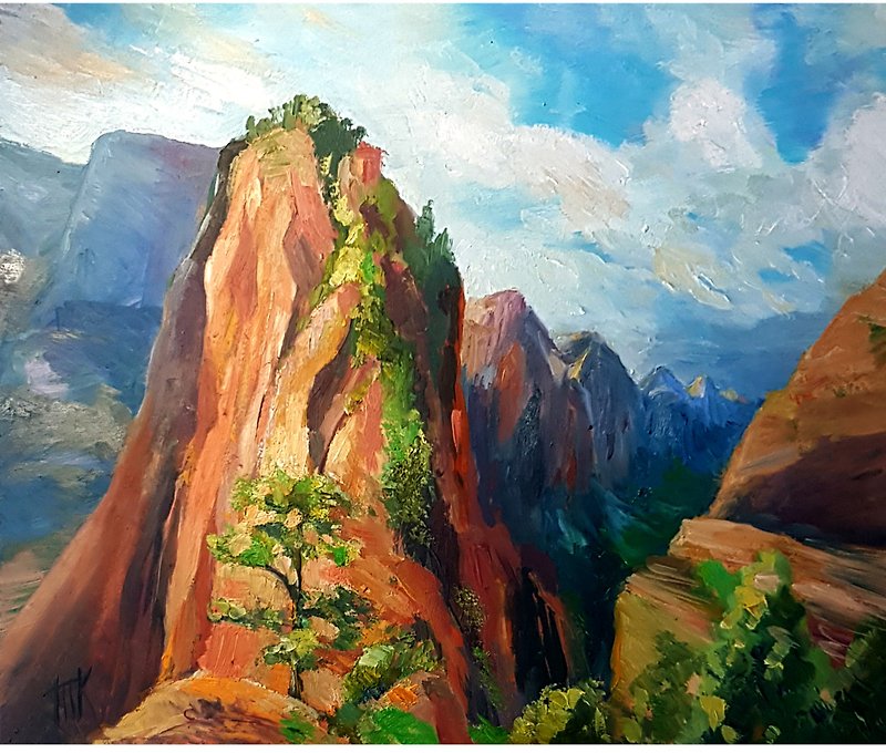 Rocky Mountain Painting Zion Original Art Landscape Oil Painting 25 by 30 cm - 海报/装饰画/版画 - 其他材质 蓝色