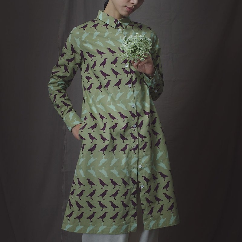 长袖长版衬衫/台湾八哥5号/油画紫绿 - 女装衬衫 - 棉．麻 绿色