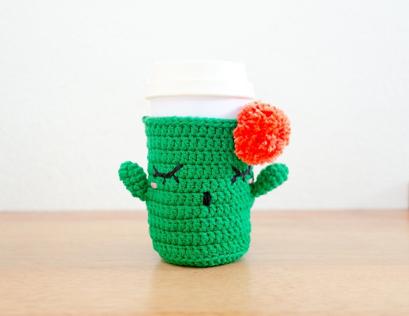 Crochet Cozy Cup - The Green Cactus / Coffee Sleeve, Starbuck. - 随行杯提袋/水壶袋 - 压克力 绿色