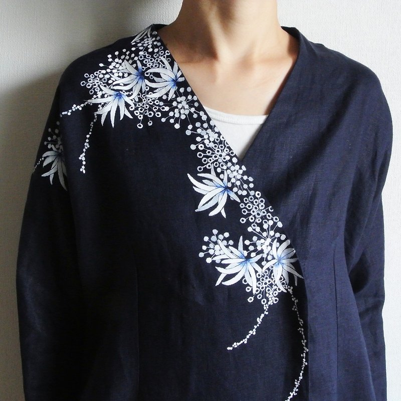 リネン羽織り・紺・海中植物 - 女装休闲/机能外套 - 棉．麻 蓝色
