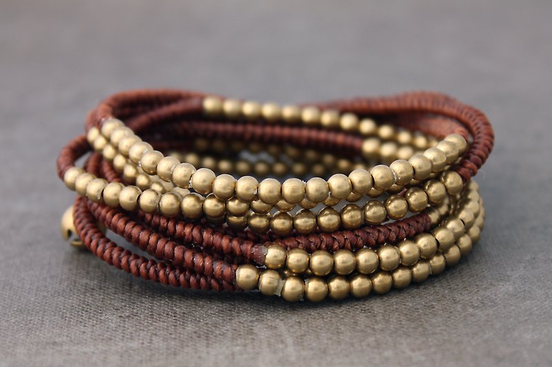 红棕色黄铜编织串珠缠绕手链 3次包裹线袖口 - 手链/手环 - 棉．麻 