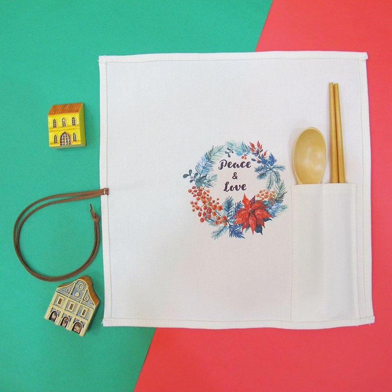 定制化-木筷汤匙随身收纳纯棉帆布套袋组-圣诞礼物-G款 - 筷子/筷架 - 棉．麻 白色