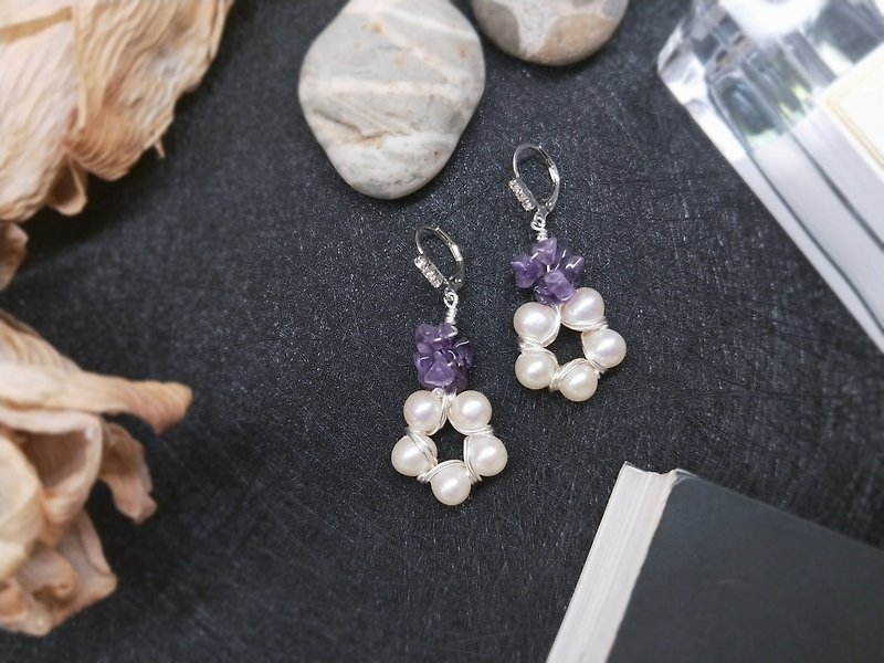 耳环。珍珠花朵*紫水晶耳勾耳环 - 耳环/耳夹 - 珍珠 多色