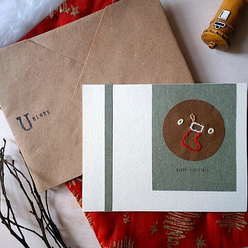 手缝图像圣诞卡(圣诞袜)(原稿) - 卡片/明信片 - 纸 多色