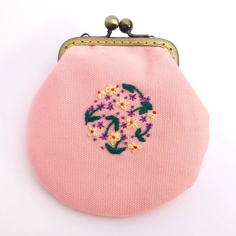 刺绣花口金小物包 - 零钱包 - 棉．麻 粉红色