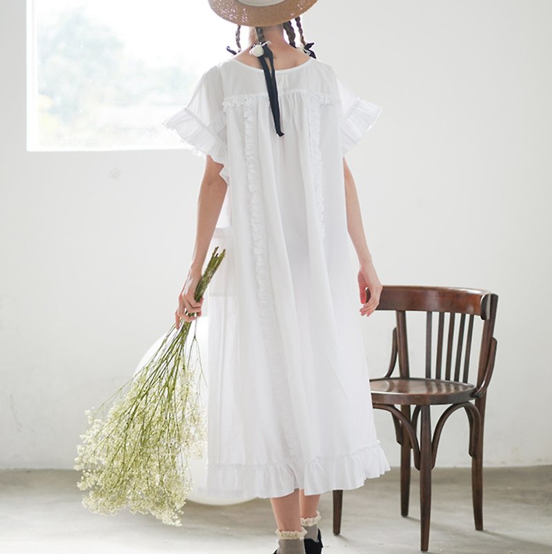 夏季女孩口袋洋装 连身裙 黑白两色可选 - imakokoni - 洋装/连衣裙 - 棉．麻 白色
