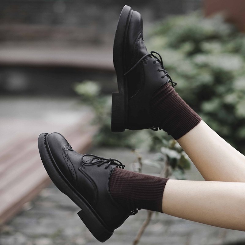 日系复古单鞋布洛克女鞋系带厚底增高女鞋 - 女款皮鞋 - 真皮 黑色