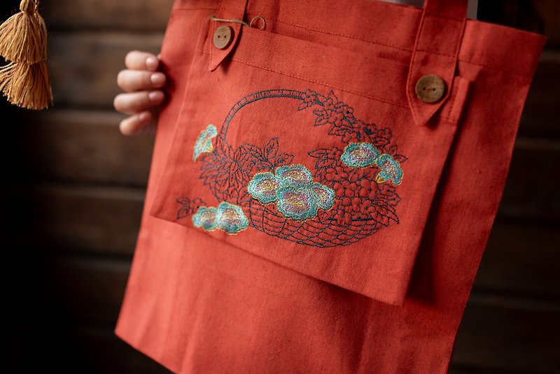 刺繍プレス、花柄刺繍入りリントートバッグ、リンショルダーバッ - 手提包/手提袋 - 棉．麻 红色