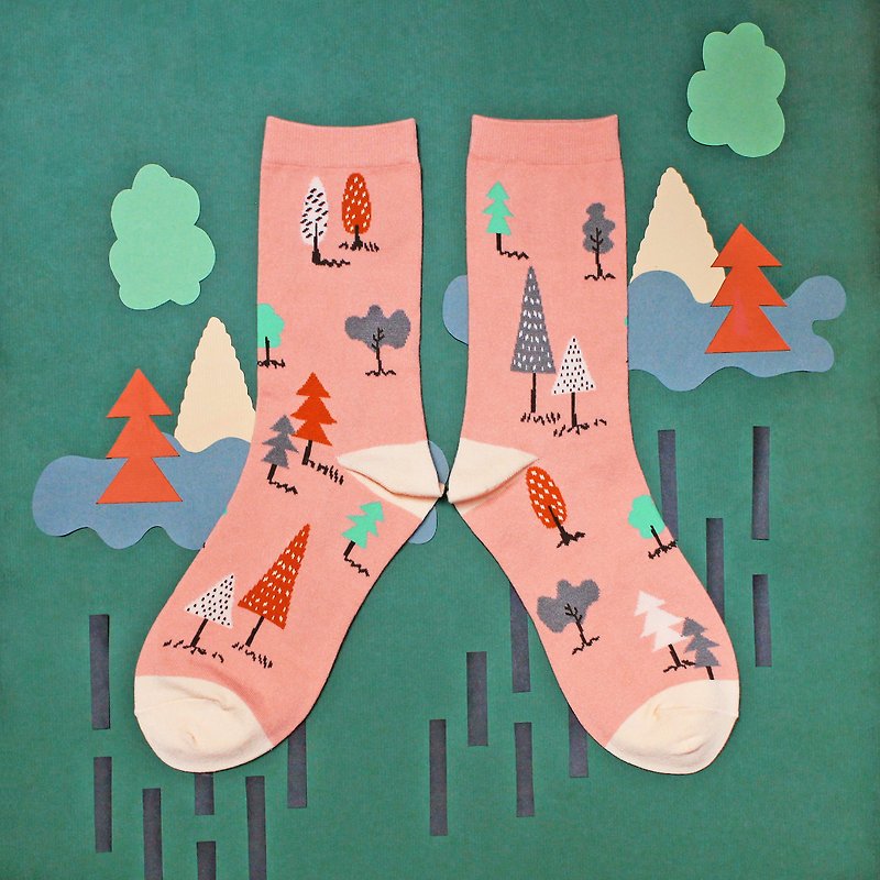 小森林棉质中筒袜 / 袜子 / 烟熏粉 - 袜子 - 棉．麻 粉红色