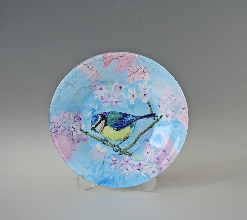 Decorative Plate, Bird and Blossoms, Hand painting and  Decoupage Under Glass - 墙贴/壁贴 - 玻璃 蓝色