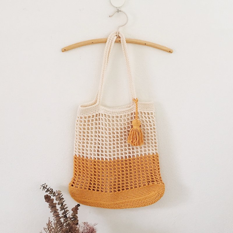 Yellow and White Summer Mesh | Crochet Everyday Bag | Tote Bag - 侧背包/斜挎包 - 棉．麻 黄色