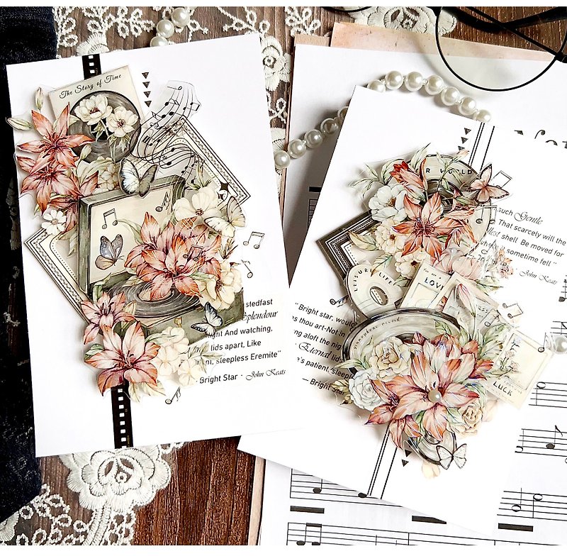 秋月如音 - PET和紙膠帶復古花卉DIY手帳日誌古典畫風裝飾素材 - 纸胶带 - 纸 多色