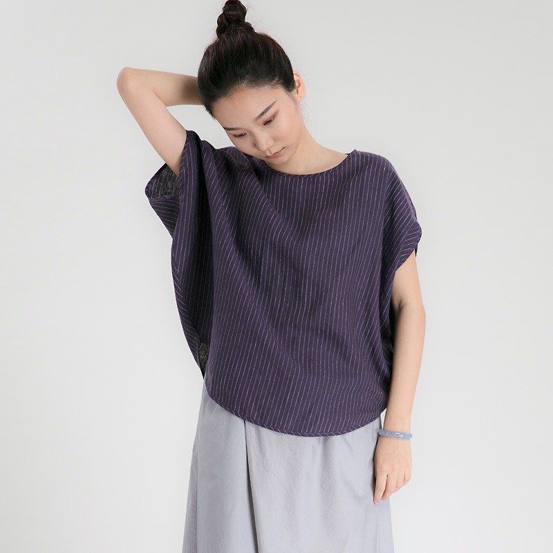不服 亞麻條紋 圓形寬大TEE 設計感蝙蝠衫 CS170215 - 女装上衣 - 棉．麻 紫色