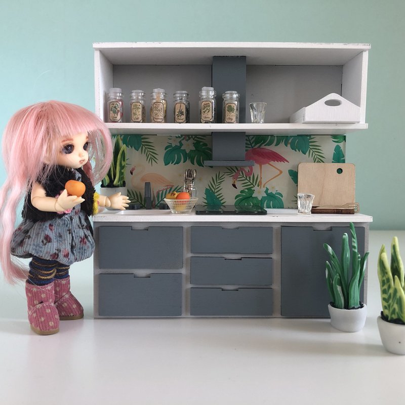 Doll house kit kitchen, bjd dollhouse food, flamingo, DIY - 木工/竹艺/纸艺 - 木头 灰色