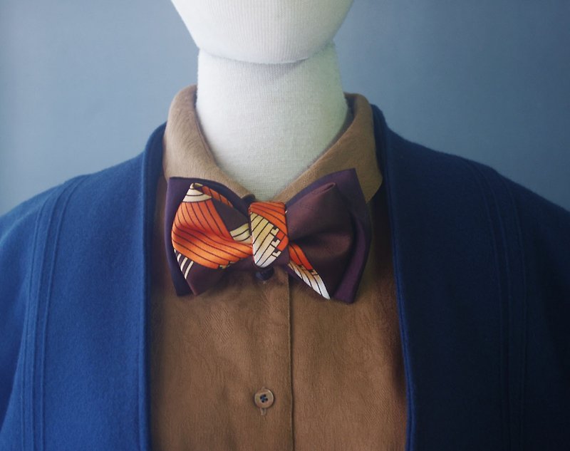 古董领带改制手工领结-深焙咖啡-双色款-交换礼物 - 领结/领巾 - 丝．绢 咖啡色