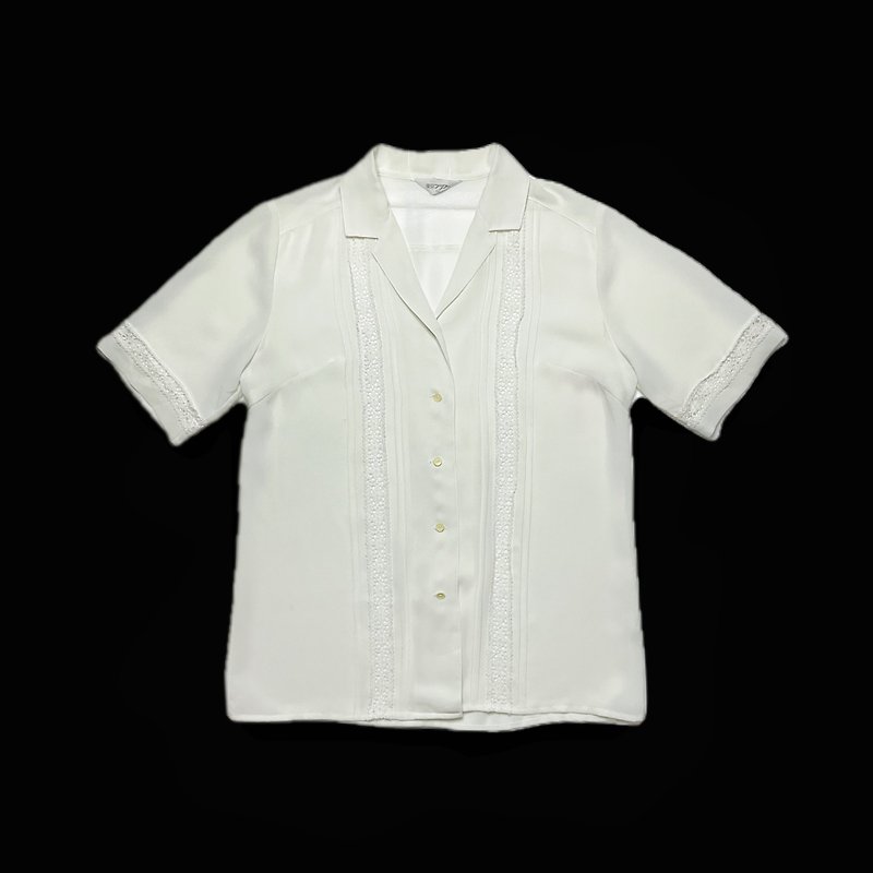 日本古着翻领蕾丝镂空短袖衬衫 - 女装衬衫 - 聚酯纤维 白色