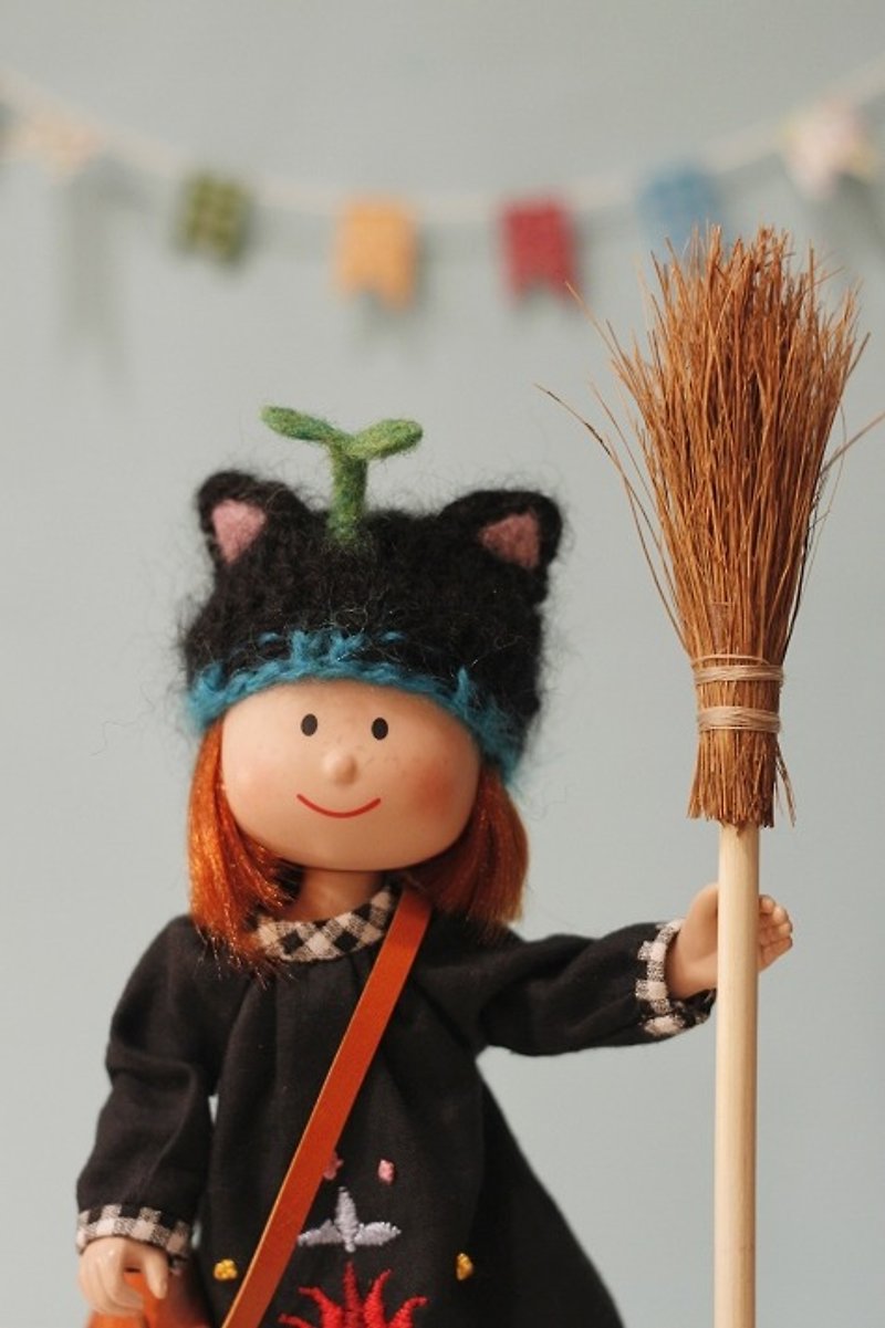 Licca莉卡、烂草莓小头娃娃尺寸手工编织黑猫绿芽帽 - 帽子 - 羊毛 黑色