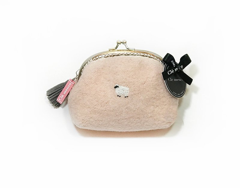 绵羊缝珠手工限量拱型口金包-粉红色 - 零钱包 - 羊毛 粉红色