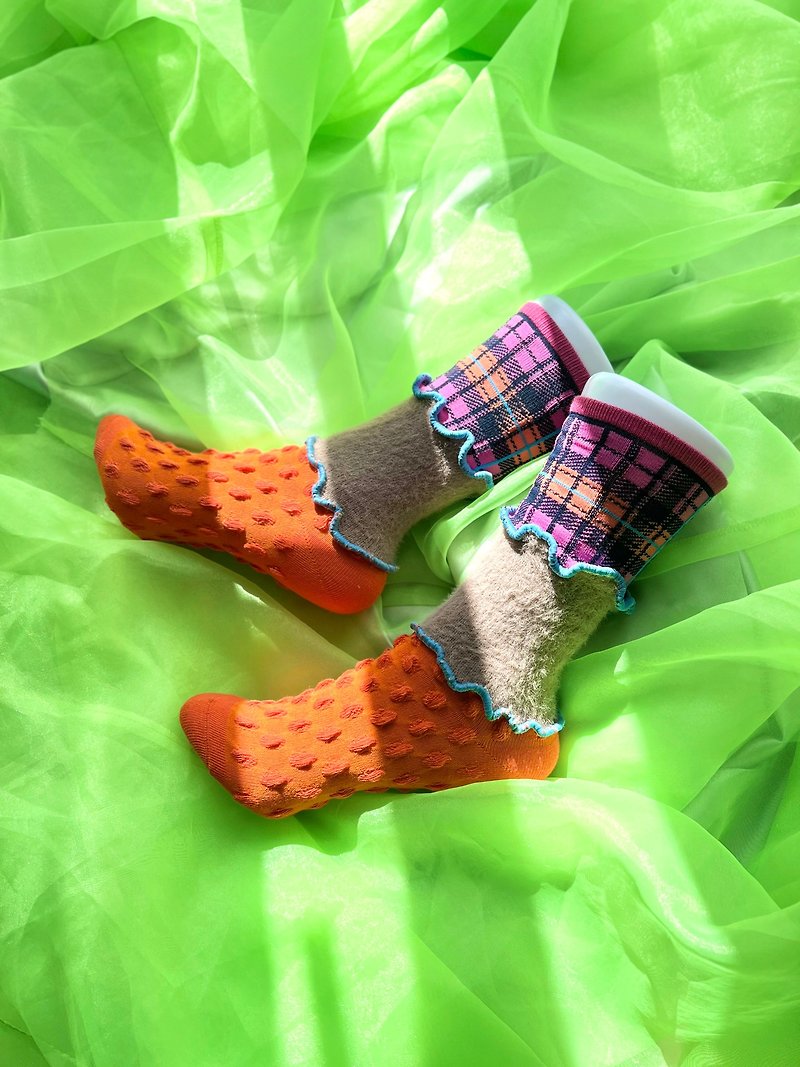 オレンジ×ピンク チェック カラフルメロウソックス 派手靴下 個性的 22.5〜25 女性靴下 socks - 袜子 - 其他材质 橘色