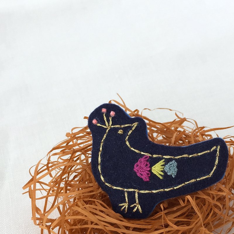Brooch / 手刺繍 / 鳥 - 胸针 - 羊毛 蓝色