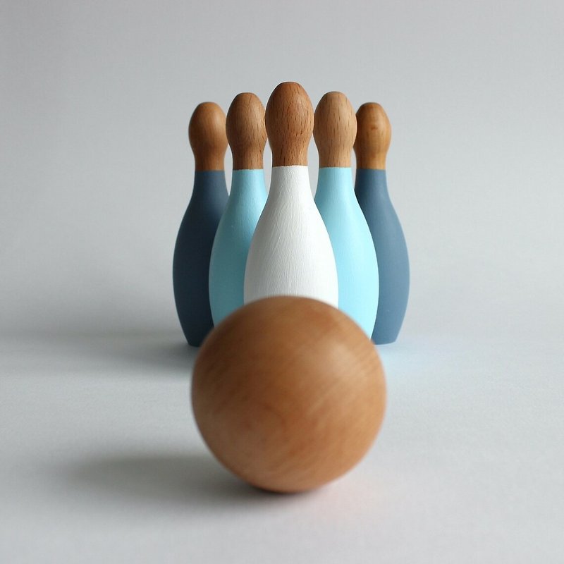 Blue Wooden Bowling Set Toy for Toddlers - Wooden Pins - 玩具/玩偶 - 木头 蓝色