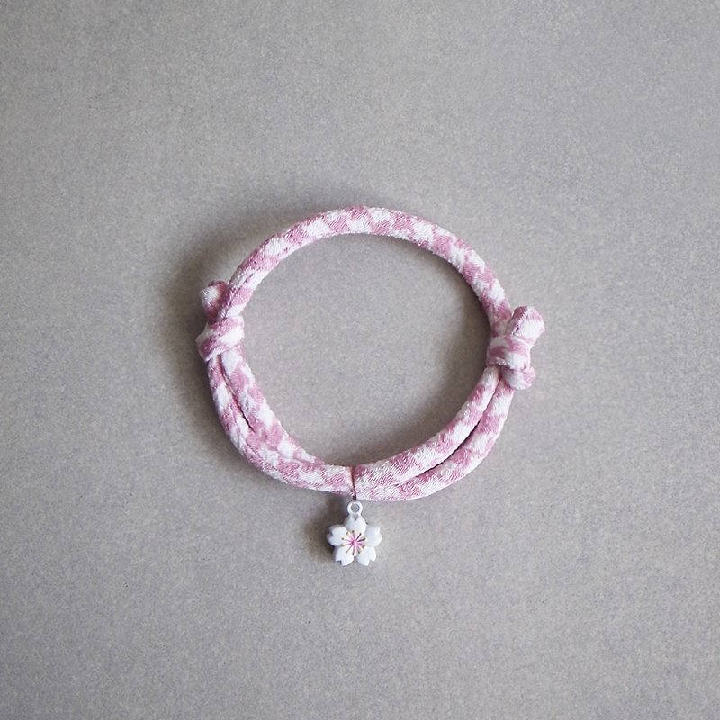 日本犬猫和布项圈(可调式)--粉千鸟+白樱花铃铛(剩一般可调1) - 项圈/牵绳 - 丝．绢 粉红色