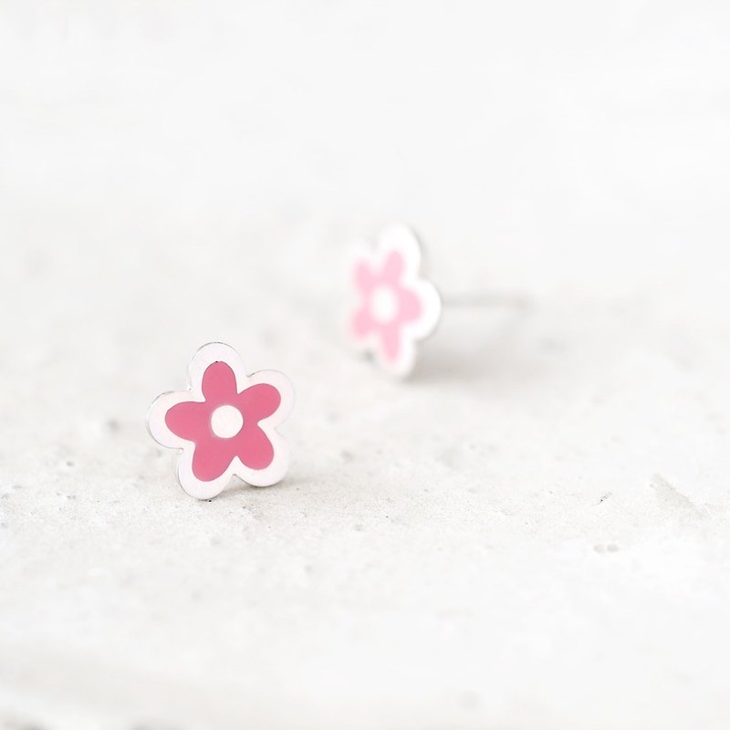 Pink 手書き風 Flower Earrings Silver925 - 耳环/耳夹 - 其他金属 粉红色