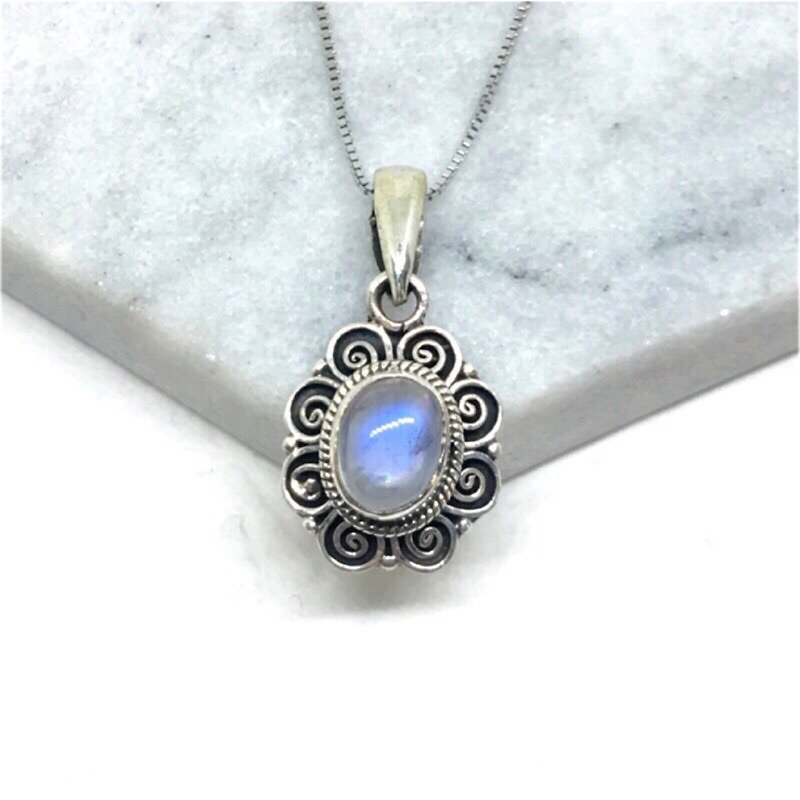 月光石925纯银花朵款项链 尼泊尔手工镶嵌制作 - 项链 - 宝石 蓝色