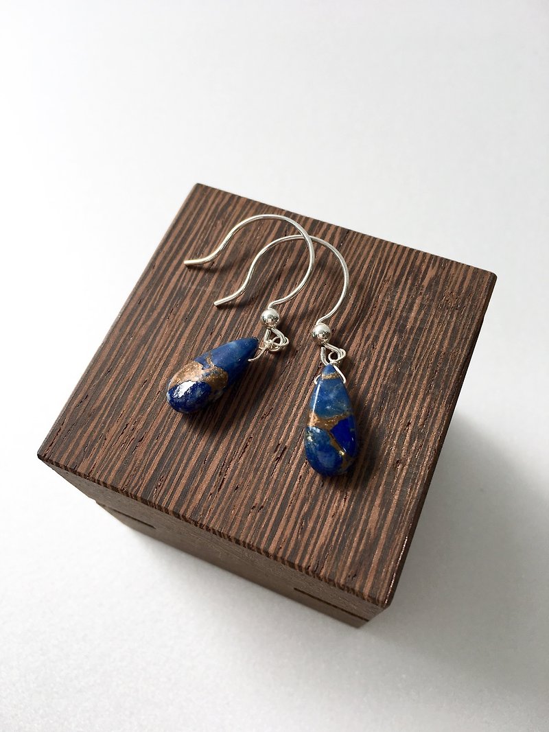 Copper indigo blue turquoise Hook-earring 14kgf, Clip-earring - 耳环/耳夹 - 石头 蓝色