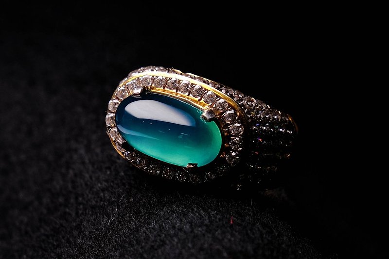 TBF - 天然 顶级 蓝玉髓 放光 玻璃种 变色龙 印尼 戒指 华丽戒台 - 戒指 - 玉石 