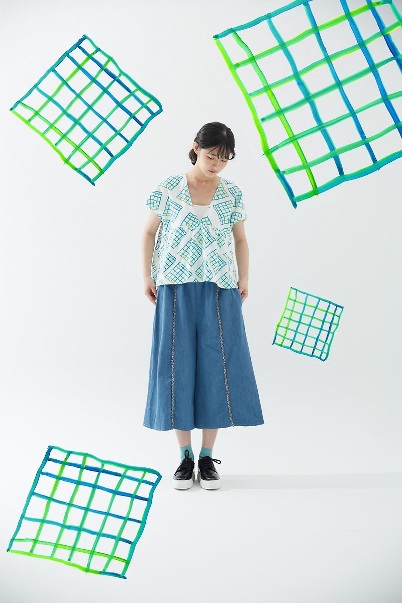 y1,hsuan X 红林 独家印花布系列  V领短罩衫window - 女装上衣 - 棉．麻 绿色