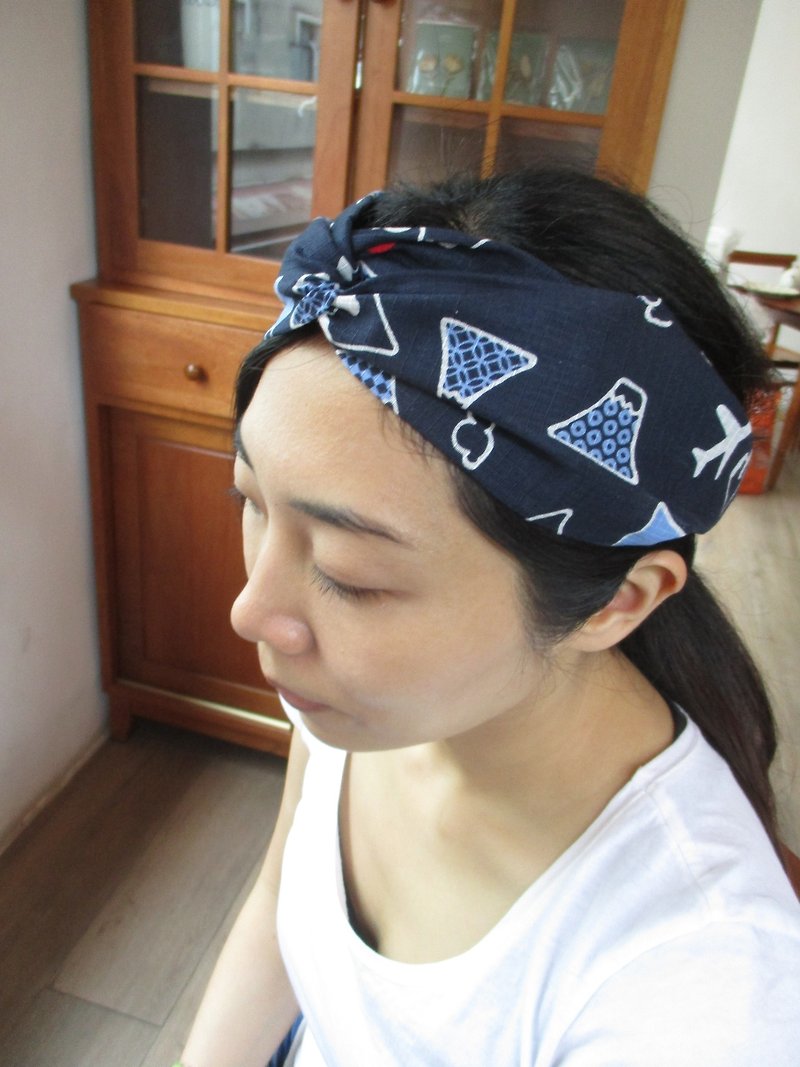 交叉发带(松紧手工)-日系富士山 - 发饰 - 棉．麻 蓝色