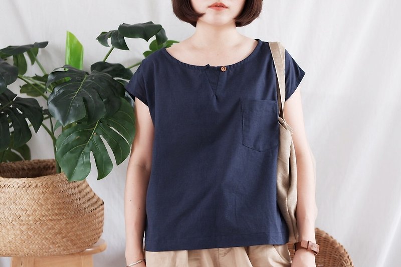 Midori Blouse (Navy Linen) - 女装短裤 - 棉．麻 蓝色