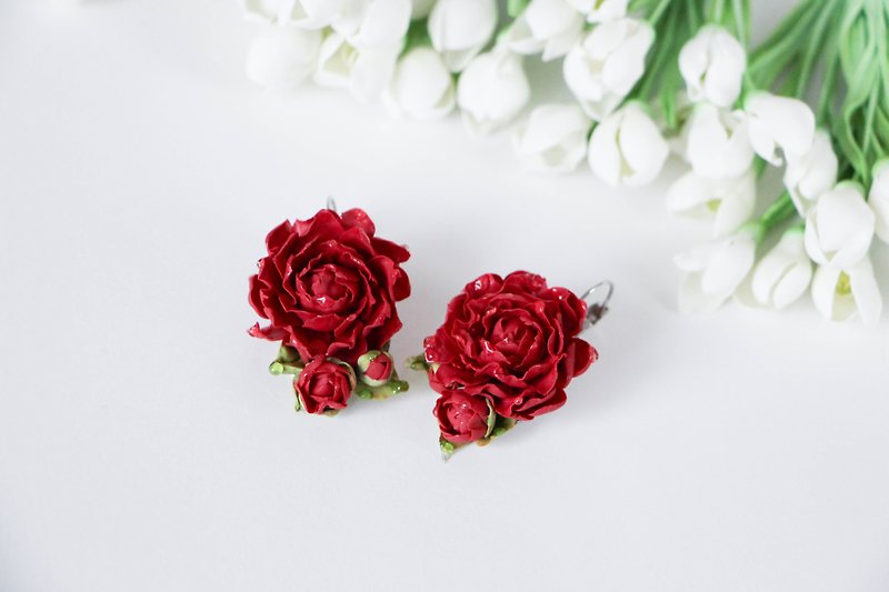 花朵耳环 勃根地牡丹耳环 婚礼耳环 给她的礼物 - 耳环/耳夹 - 粘土 红色