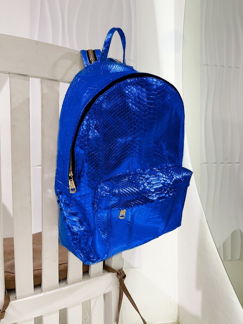银蟒蛇皮背包、电脑包、手提包 - 后背包/双肩包 - 真皮 蓝色