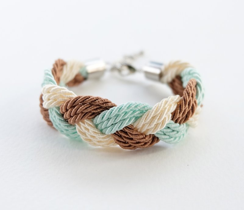 Brown/Light mint/Cream twist-cord braided bracelet  - 手链/手环 - 其他材质 咖啡色