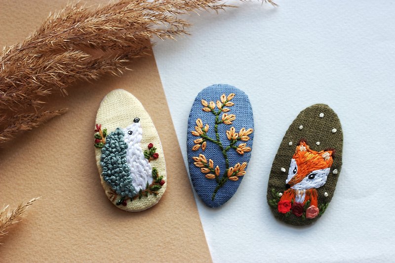 亚麻按扣夹、森林发夹、刺猬和狐狸发夹、刺绣头发 - 婴儿饰品 - 其他材质 