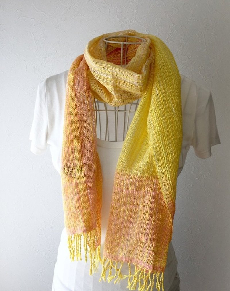 【綿】手織りストール "Yellow & Pink" - 丝巾 - 棉．麻 黄色