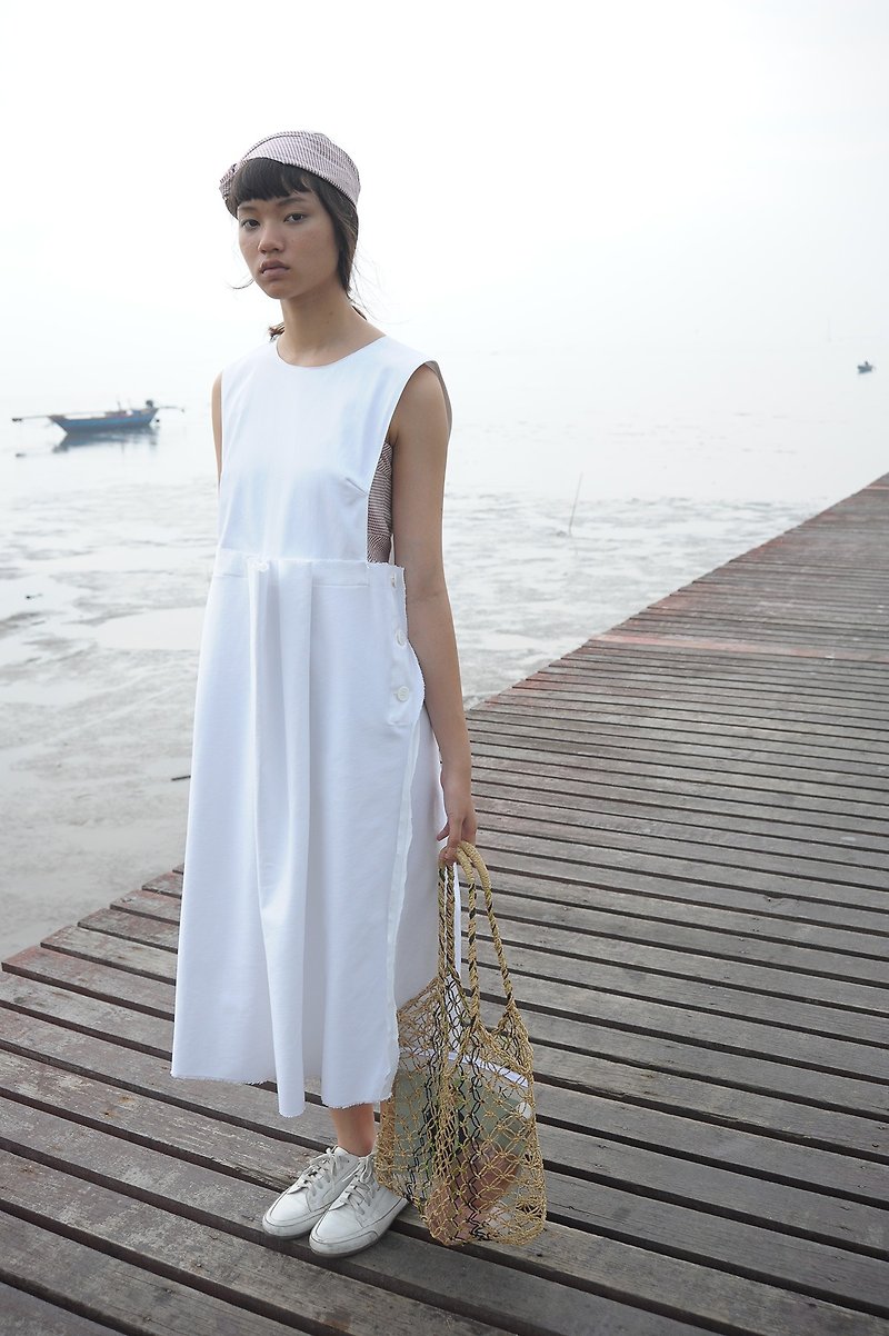 Mani Mina White Pleat Jeans Overall - 洋装/连衣裙 - 棉．麻 