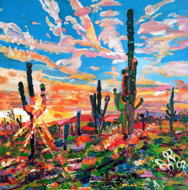 Cactus Painting 油畫原作  Original Art 手工油畫 Impasto Oil Painting Oil On Canvas - 海报/装饰画/版画 - 其他材质 橘色