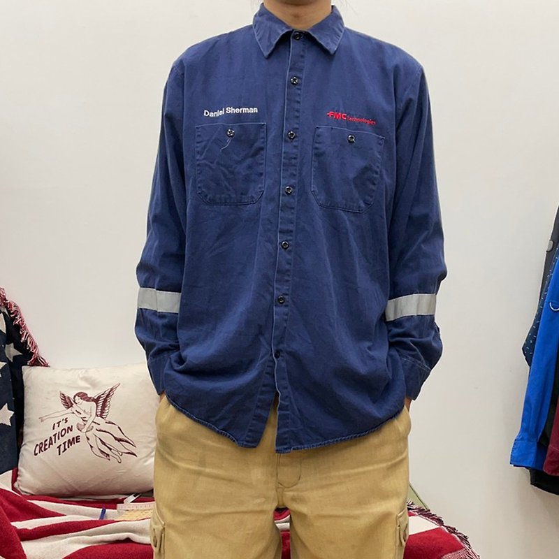 RED KAP 工作衬衫 布章 企业电绣 3M反光条 深蓝 二手 古着 - 男装衬衫 - 棉．麻 蓝色