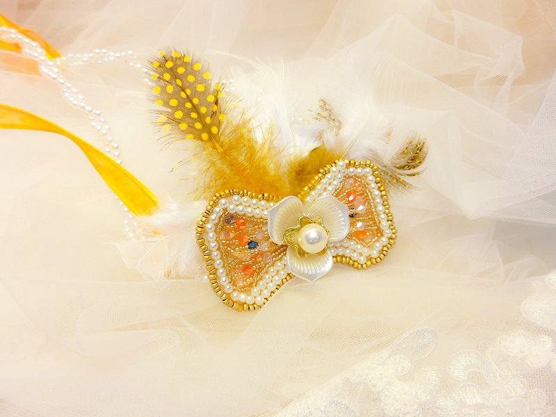 古典优雅水钻蕾丝 珍珠发带头环-金色羽剌绣蕾丝  - 发饰 - 绣线 金色