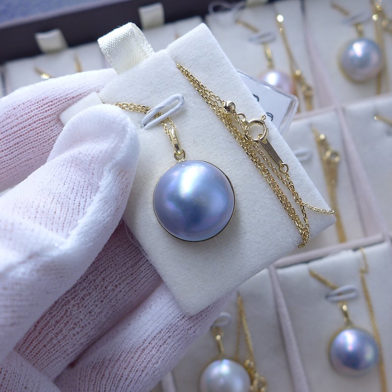 (现货) 月夜 -18K日本Mabe Pearl马贝珠项链 - 紫蓝色 - 项链 - 宝石 蓝色