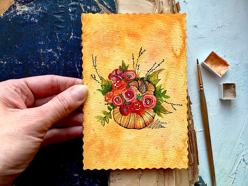 Poppy painting Floral Original art Pumpkin watercolor Mini wall decor - 海报/装饰画/版画 - 纸 多色