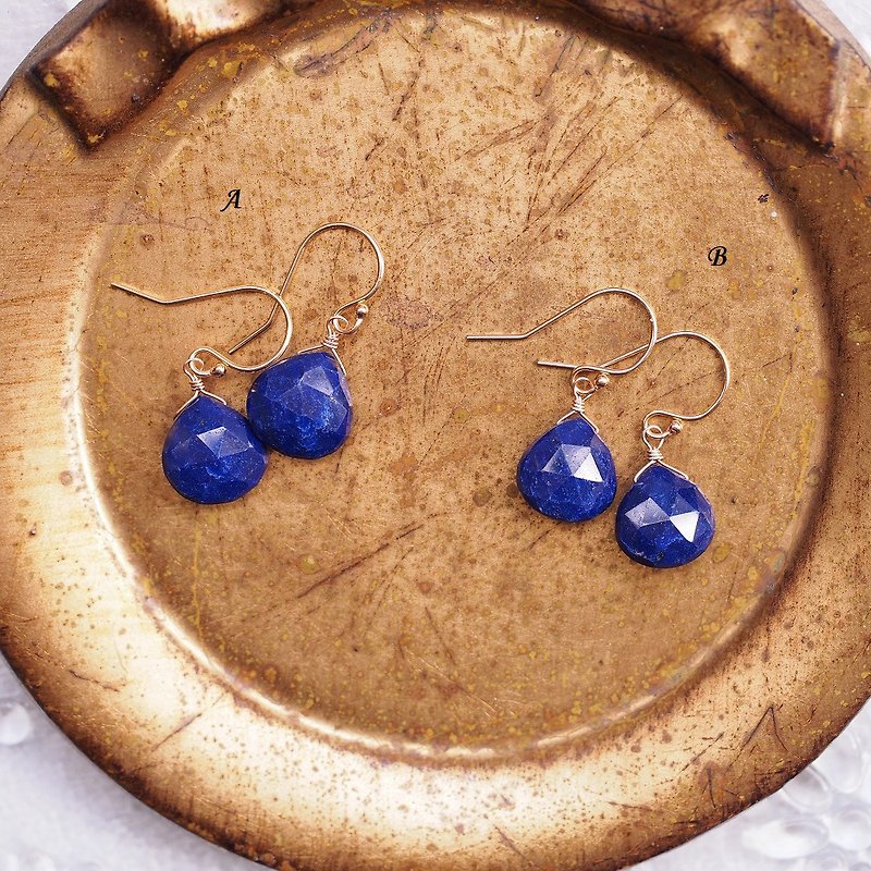 14KGF 天然青金石 水滴刻面 宝石耳环 Lapis Lazuli - 耳环/耳夹 - 宝石 蓝色
