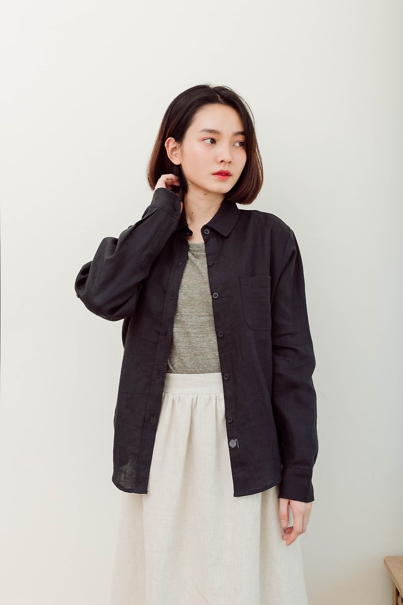 【Off-season sale】Charcoal Linen Shirt - 女装上衣 - 棉．麻 黑色